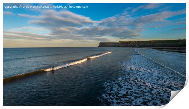 Surfers at Saltburn, Teesside / North Yorkshire at sunset. Print by Greg Marshall