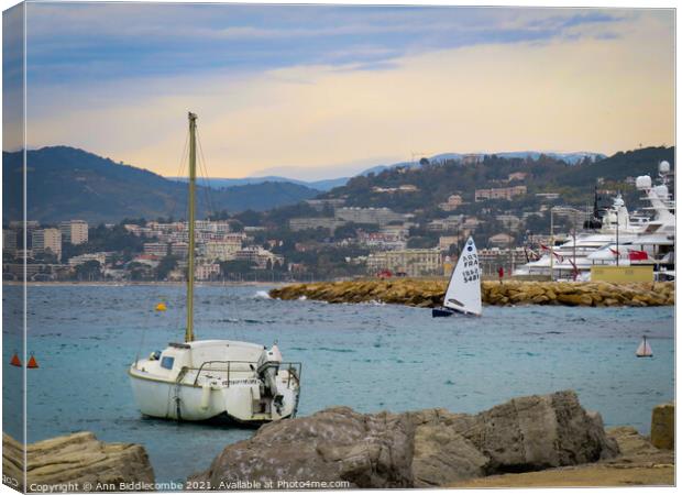 Learning to sail in Cannes Canvas Print by Ann Biddlecombe