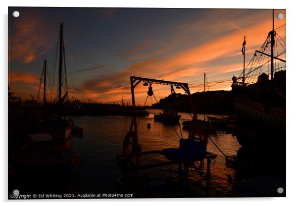 Brixham Harbour at sunset. Acrylic by Ed Whiting