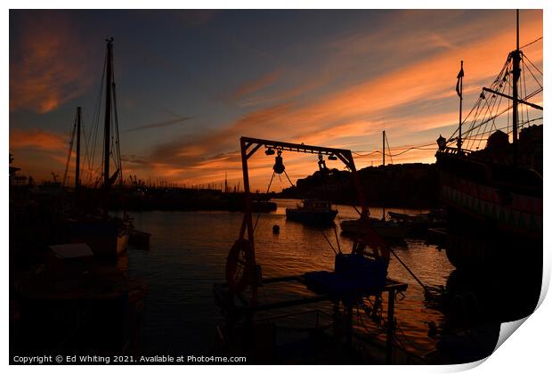 Brixham Harbour at sunset. Print by Ed Whiting
