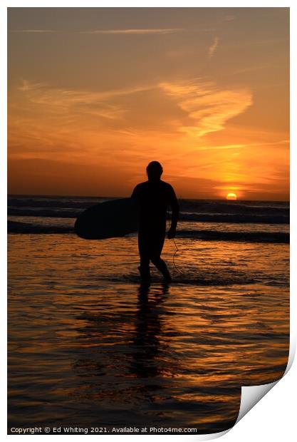 Surfer in a Cornish sunset. Print by Ed Whiting