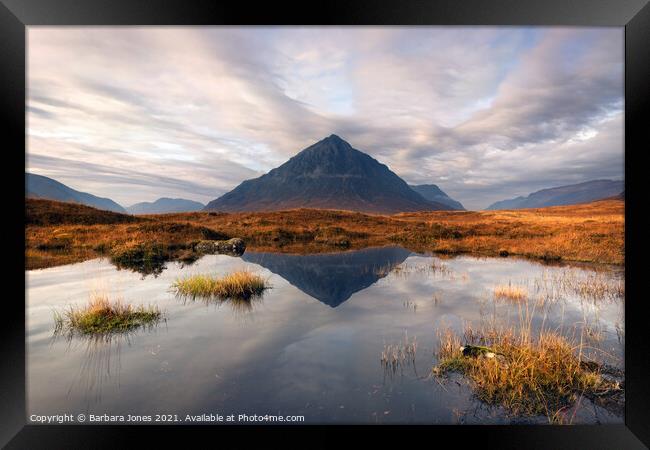 Buachaille Etive Mor Reflection Glen Coe Scotland. Framed Print by Barbara Jones