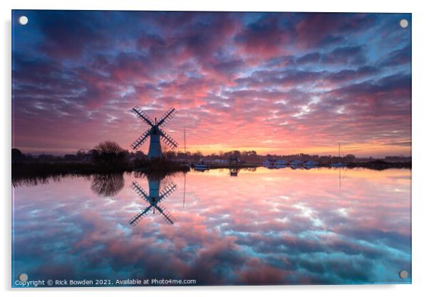 Fiery Sunrise over Thurne Mill Acrylic by Rick Bowden