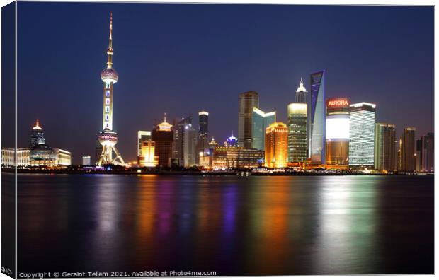Shanghai skyline and Huangpu river at night, China Canvas Print by Geraint Tellem ARPS