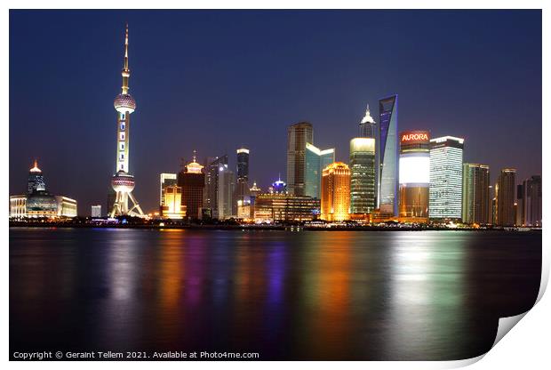 Shanghai skyline and Huangpu river at night, China Print by Geraint Tellem ARPS