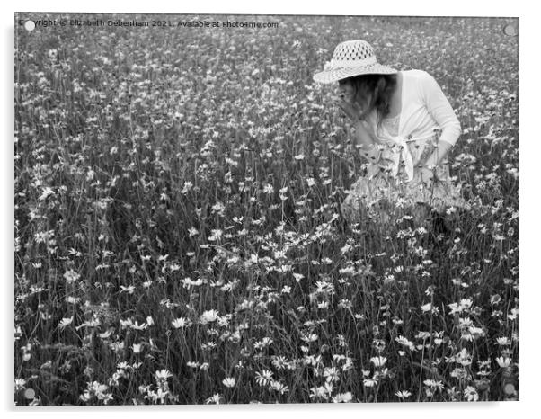 Young woman in a straw hat among daisies Acrylic by Elizabeth Debenham