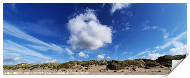 Blue sky over Harlech beach in North wales Print by Peter Brownlow