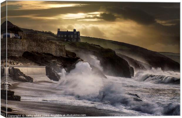 Porthleven, Harbour  Cornwall, Storm At sunset, Canvas Print by kathy white