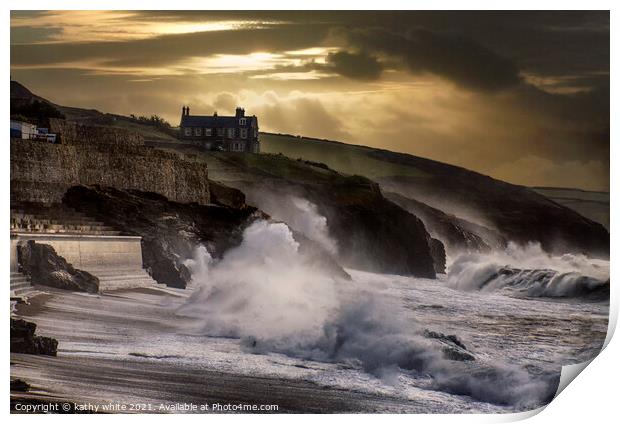 Porthleven, Harbour  Cornwall, Storm At sunset, Print by kathy white