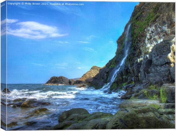 The Waterfall cascades into the sea at Tresaith, South Wales Canvas Print by Philip Brown