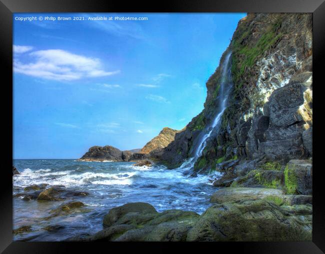 The Waterfall cascades into the sea at Tresaith, South Wales Framed Print by Philip Brown