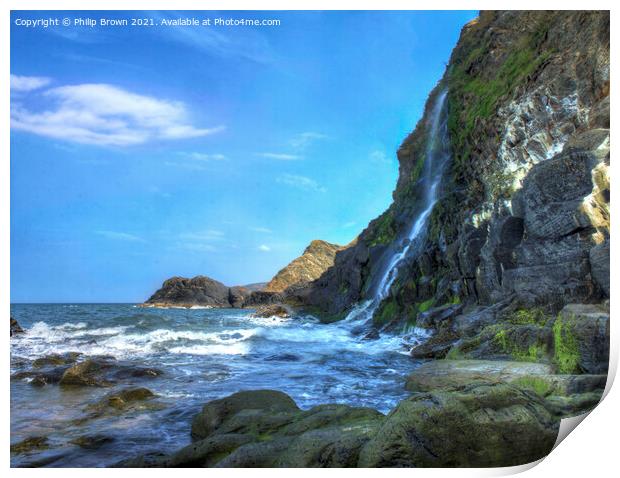 The Waterfall cascades into the sea at Tresaith, South Wales Print by Philip Brown