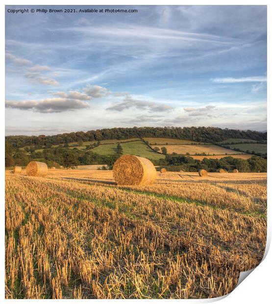 Bails of Hay in field, Aston Eyre Print by Philip Brown