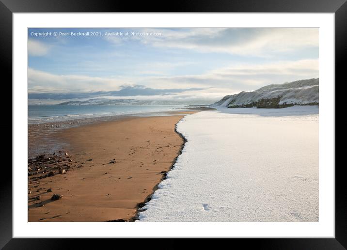 Benllech Beach with Snow Framed Mounted Print by Pearl Bucknall