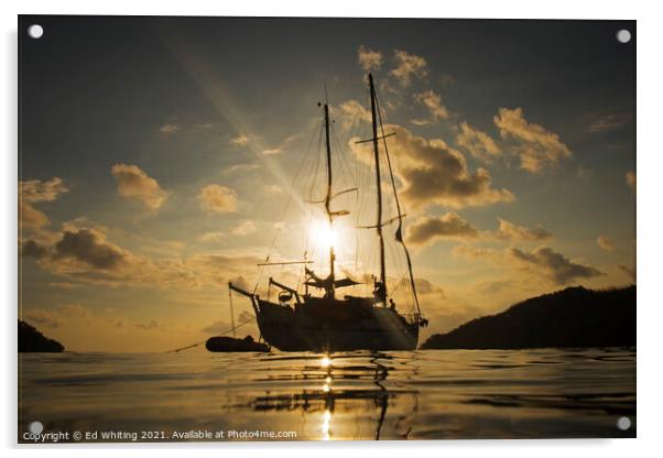 Yacht in sunset taken from the water in Philippines. Acrylic by Ed Whiting