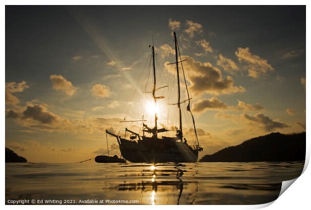 Yacht in sunset taken from the water in Philippines. Print by Ed Whiting