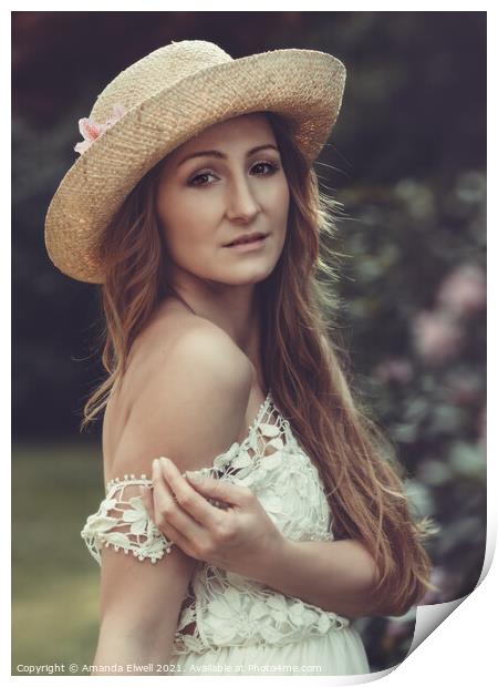 Portrait Of Woman In Straw Hat Print by Amanda Elwell