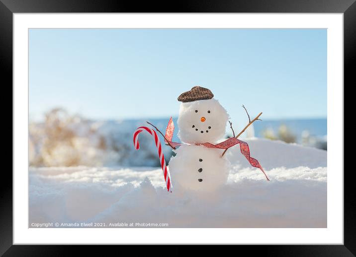 Happy Smiling Snowman With Candy Cane Framed Mounted Print by Amanda Elwell