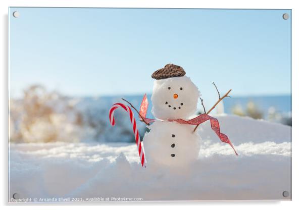 Happy Smiling Snowman With Candy Cane Acrylic by Amanda Elwell