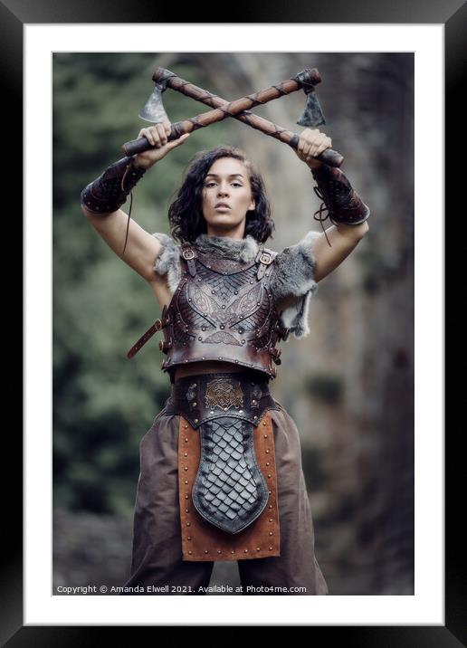 Medieval Warrior Princess With Axes Framed Mounted Print by Amanda Elwell