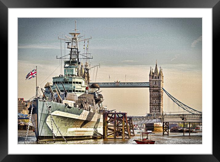 HMS Belfast and Tower Bridge on the River Thames Framed Mounted Print by Terry Senior