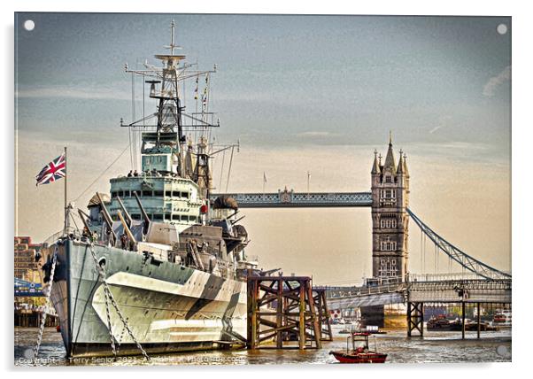 HMS Belfast and Tower Bridge on the River Thames Acrylic by Terry Senior