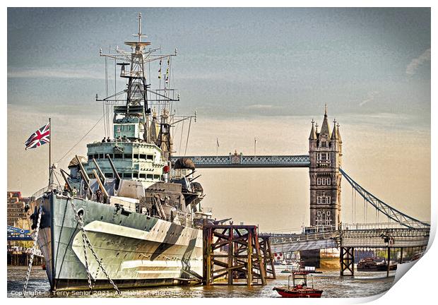 HMS Belfast and Tower Bridge on the River Thames Print by Terry Senior