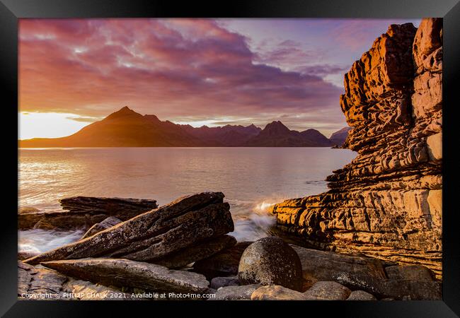 Elgol sunset at the golden hour  on the Isle of Sk Framed Print by PHILIP CHALK