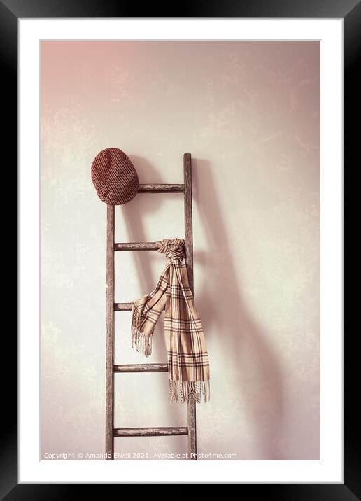 Flat Cap & Scarf On Rustic Ladder Framed Mounted Print by Amanda Elwell