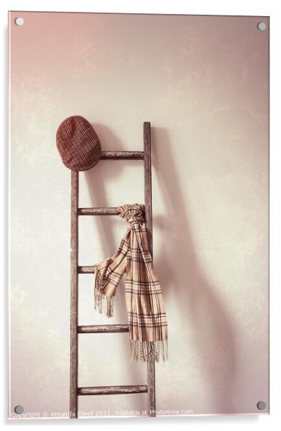 Flat Cap & Scarf On Rustic Ladder Acrylic by Amanda Elwell