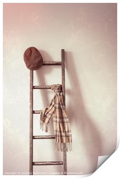 Flat Cap & Scarf On Rustic Ladder Print by Amanda Elwell