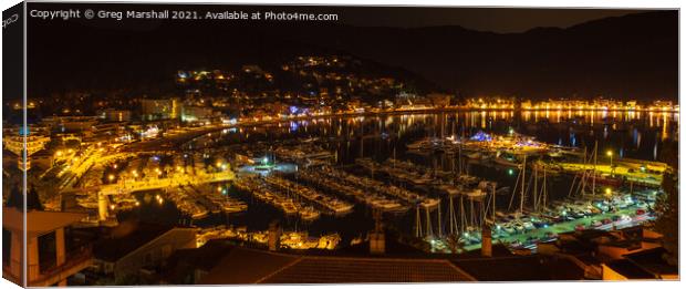 Port dé Sóller Mallorca town and marina at night  Canvas Print by Greg Marshall