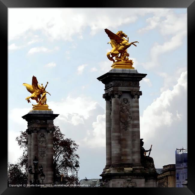 The Golden Statues on Pont Alexandre III  Framed Print by Sheila Eames