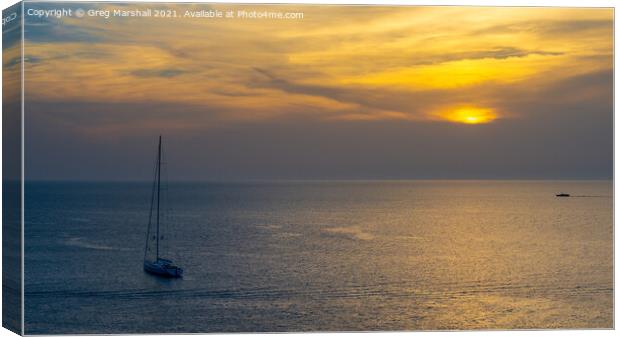 Yacht at sunset, Mallorca Canvas Print by Greg Marshall