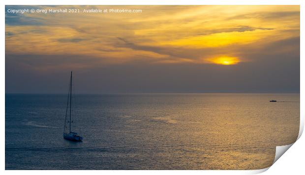 Yacht at sunset, Mallorca Print by Greg Marshall