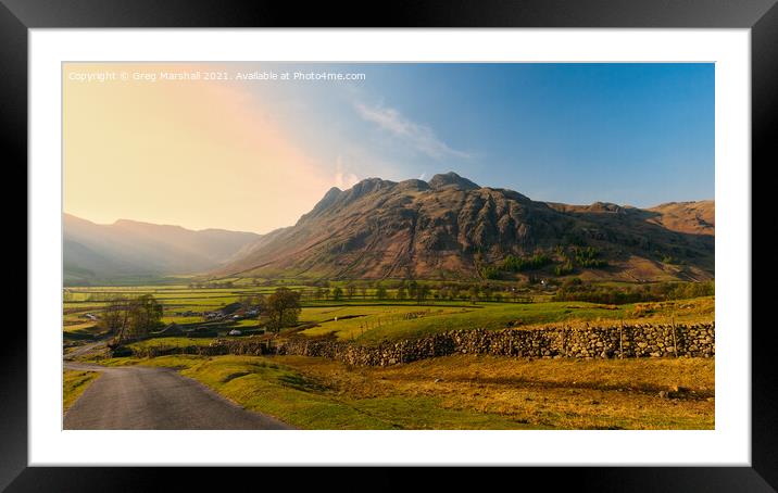 Langdale Pikes at sunset Framed Mounted Print by Greg Marshall