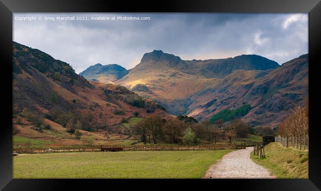 Harrison Stickle and Pavey Ark, Langdale valley Framed Print by Greg Marshall
