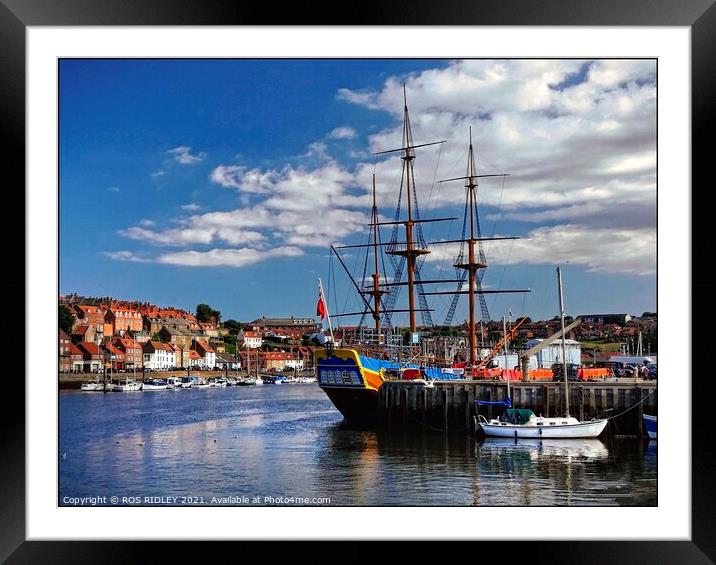 Blue skies over Whitby Harbour Framed Mounted Print by ROS RIDLEY