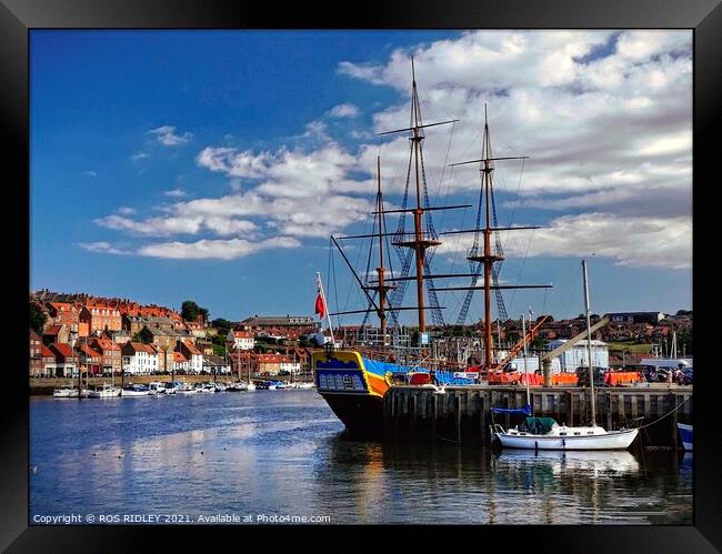 Blue skies over Whitby Harbour Framed Print by ROS RIDLEY