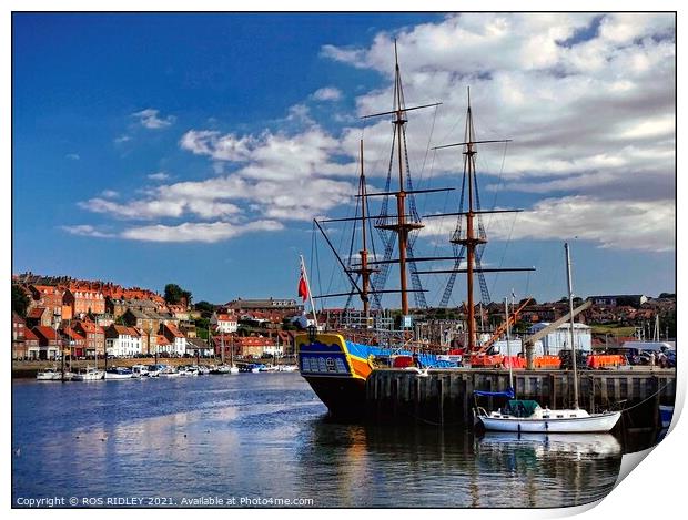 Blue skies over Whitby Harbour Print by ROS RIDLEY