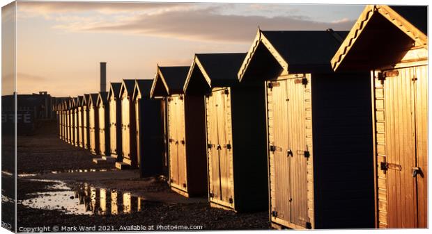 Sunkissed Freezing Beach huts. Canvas Print by Mark Ward