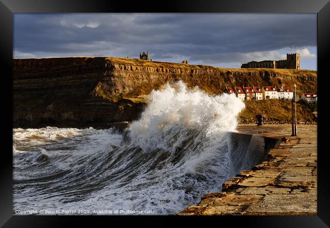 The Whitby East Pier Harbour Wall Waves Framed Print by Paul M Baxter