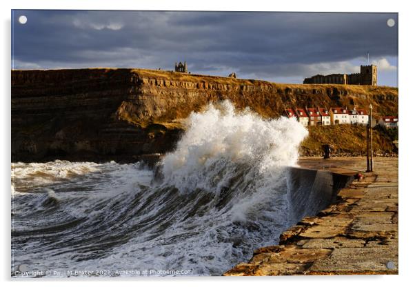 The Whitby East Pier Harbour Wall Waves Acrylic by Paul M Baxter