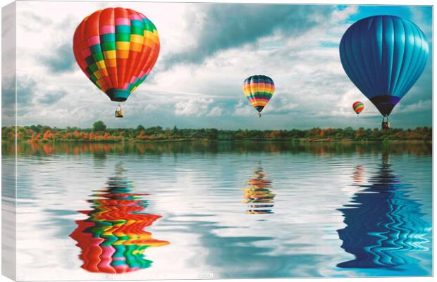 Hot Air Balloons reflecting over water Canvas Print by Simon Marlow