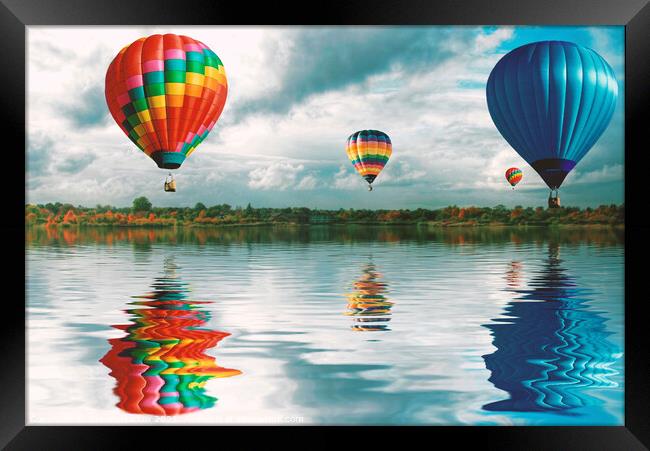 Hot Air Balloons reflecting over water Framed Print by Simon Marlow