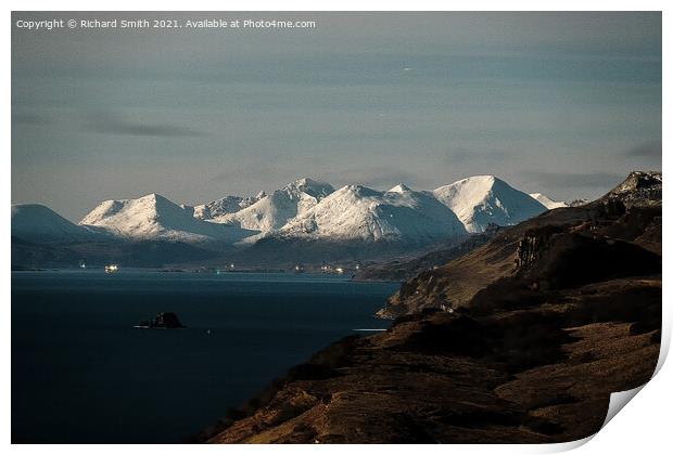 Snow covered Red Cuillin Hills beyond the Sound of Raasay. Print by Richard Smith