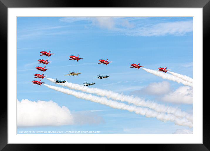 Red Arrows Escort BBMF Spitfires Framed Mounted Print by Steve de Roeck