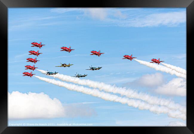 Red Arrows Escort BBMF Spitfires Framed Print by Steve de Roeck