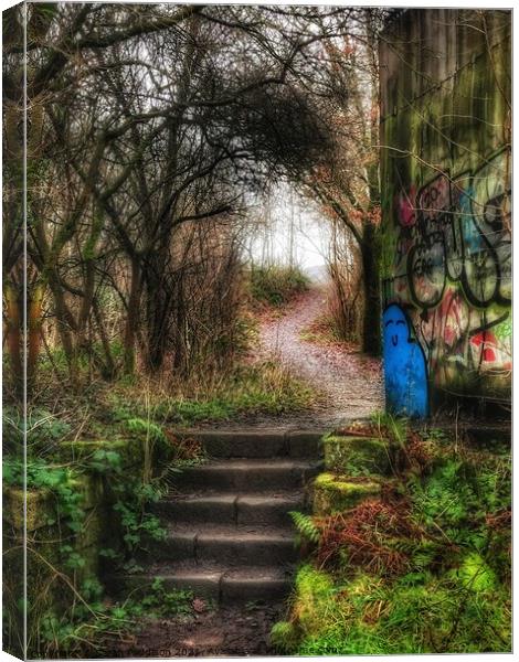 Natural beauty of a path in the woods with  bright grafitti Canvas Print by Sarah Paddison