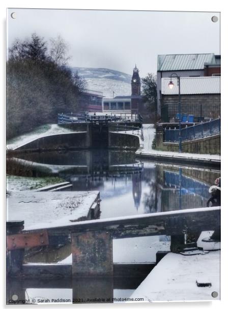 Stalybridge reflecting in the Canal Acrylic by Sarah Paddison